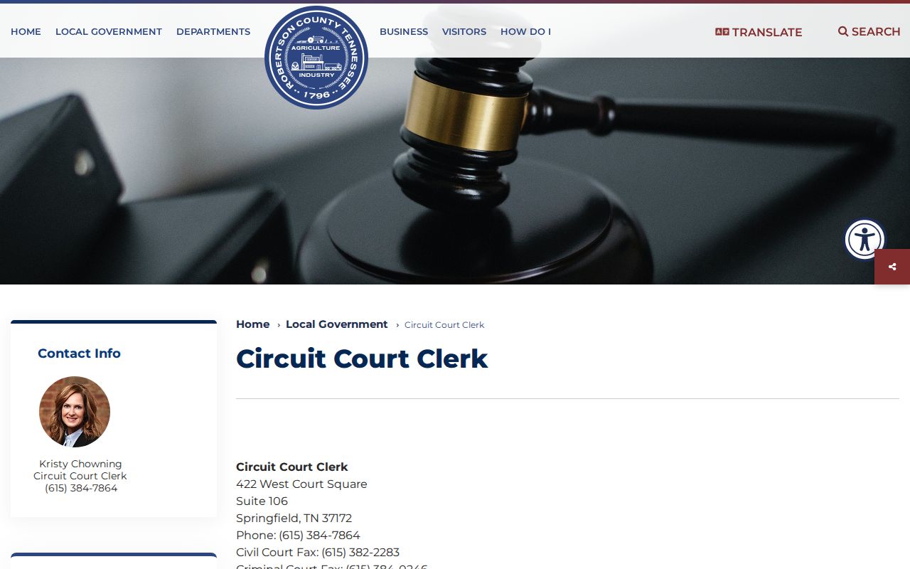 Robertson County warrant search clerk map showing office routing and portal information