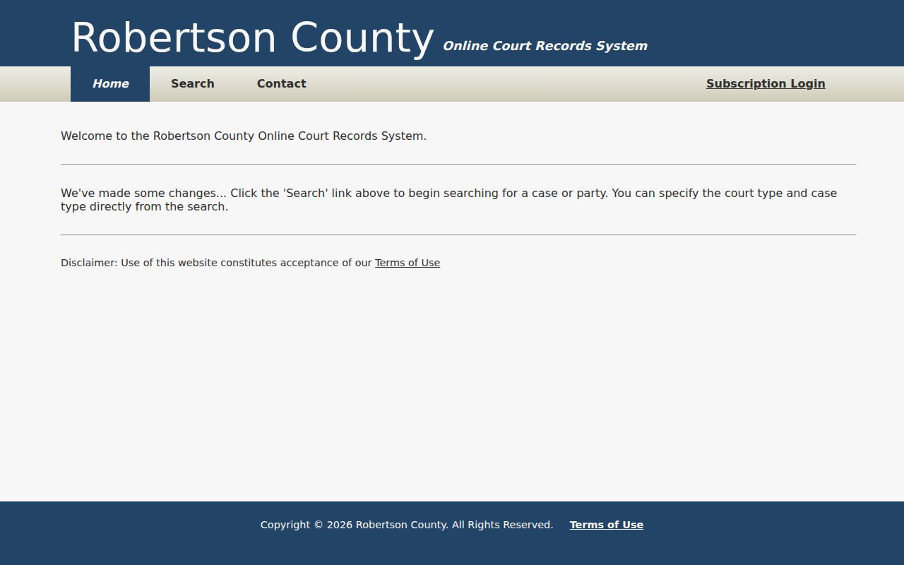 Robertson County warrant search portal landing page for court and party records