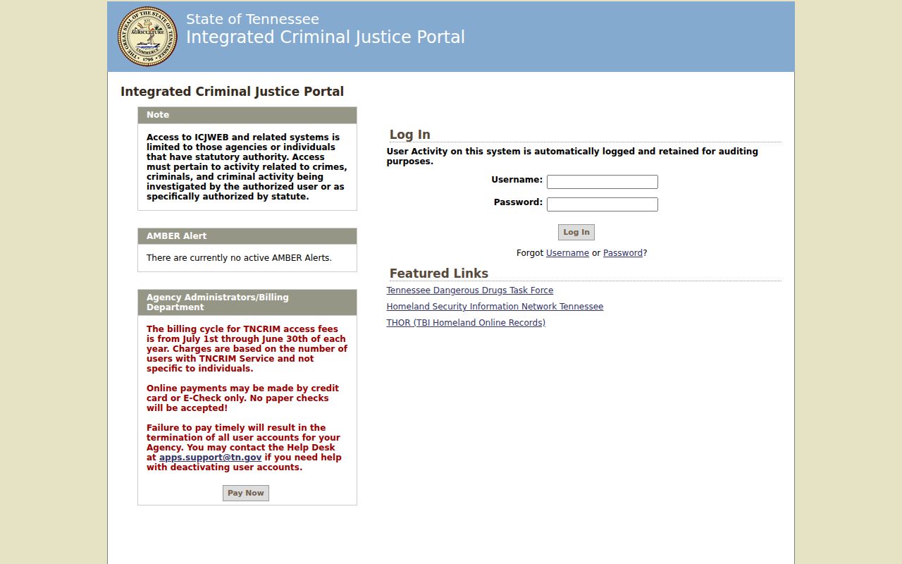 Robertson County warrant search information showing restricted criminal justice portal access