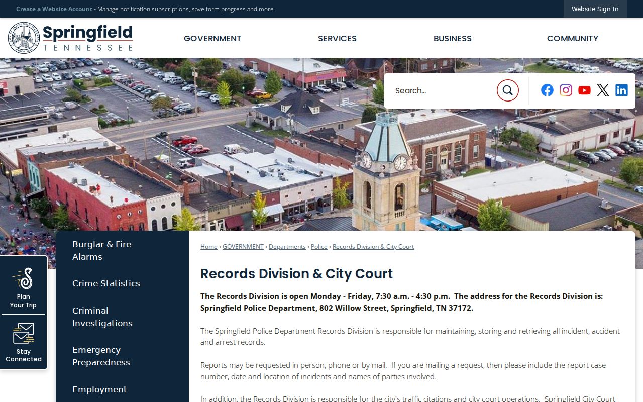 Robertson County traffic warrant source showing Springfield citation and records options