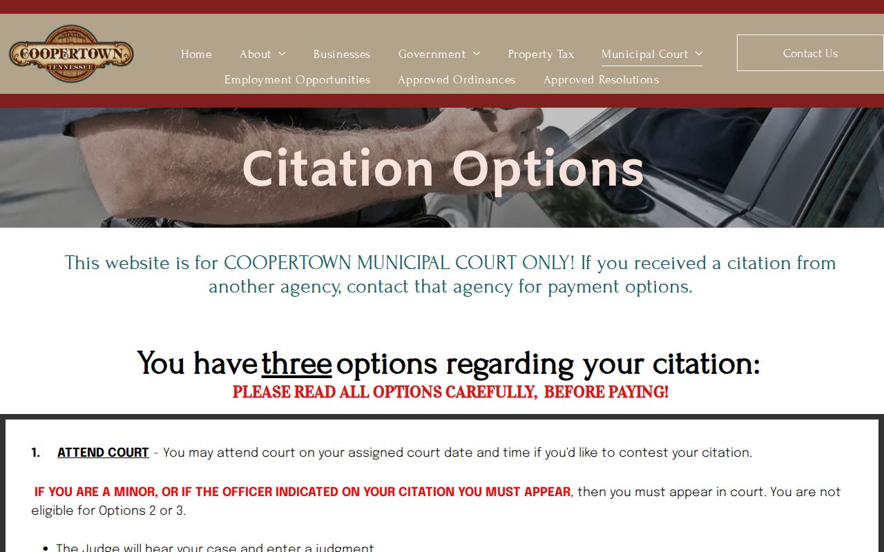Coopertown warrant records source showing citation payment and traffic options