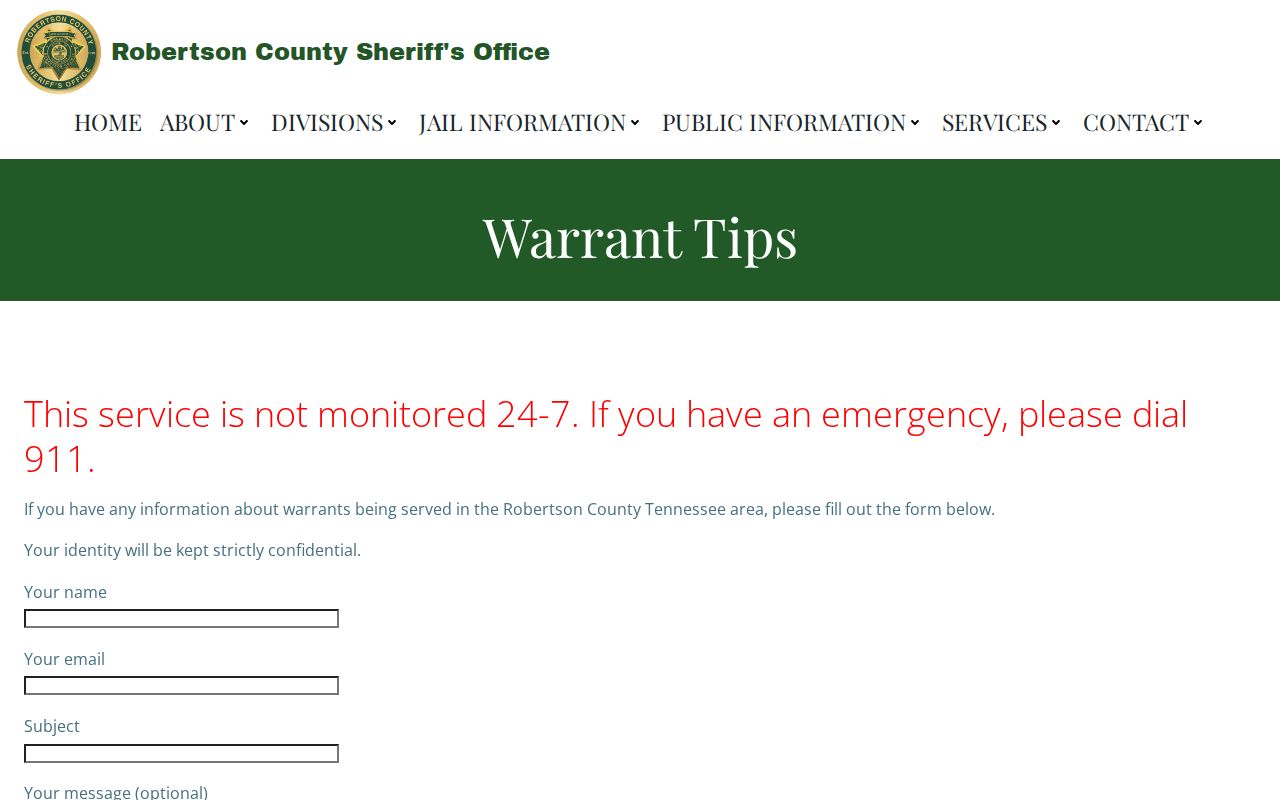 Robertson County most wanted tip form notice with confidentiality and monitoring information