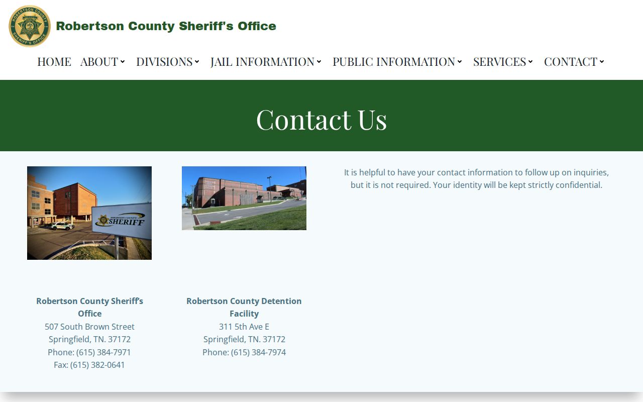 Robertson County bench warrant reference to sheriff and detention contact information
