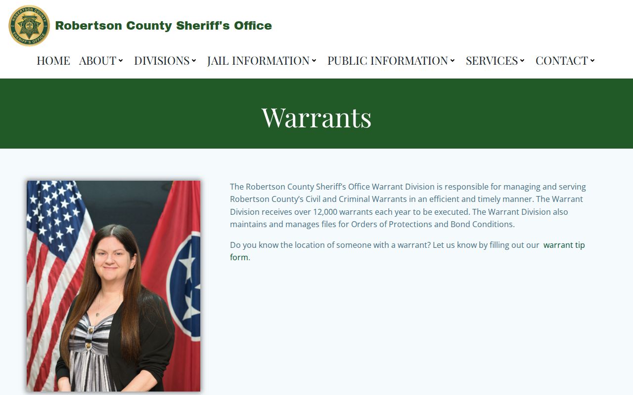 Robertson County warrant records source describing the Sheriff's Warrant Division